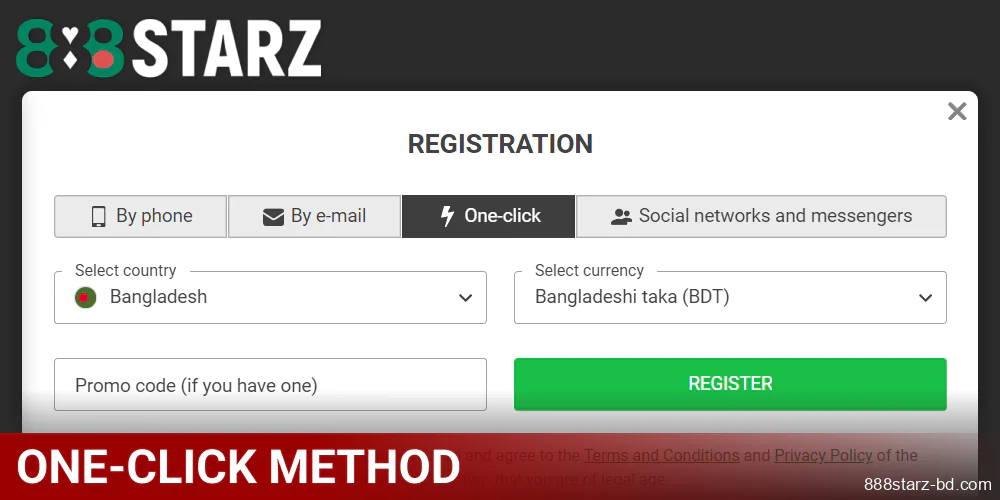 One-Click method of registering on 888Starz BN